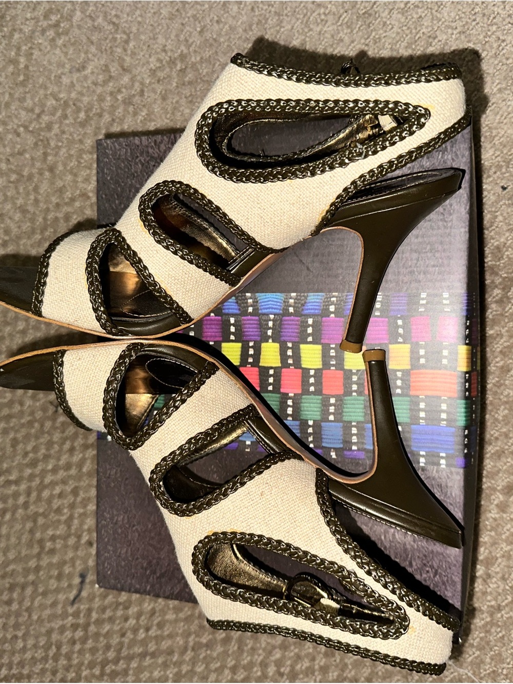 Tahari Cream and Brown Open-Side High Heel Slingbacks